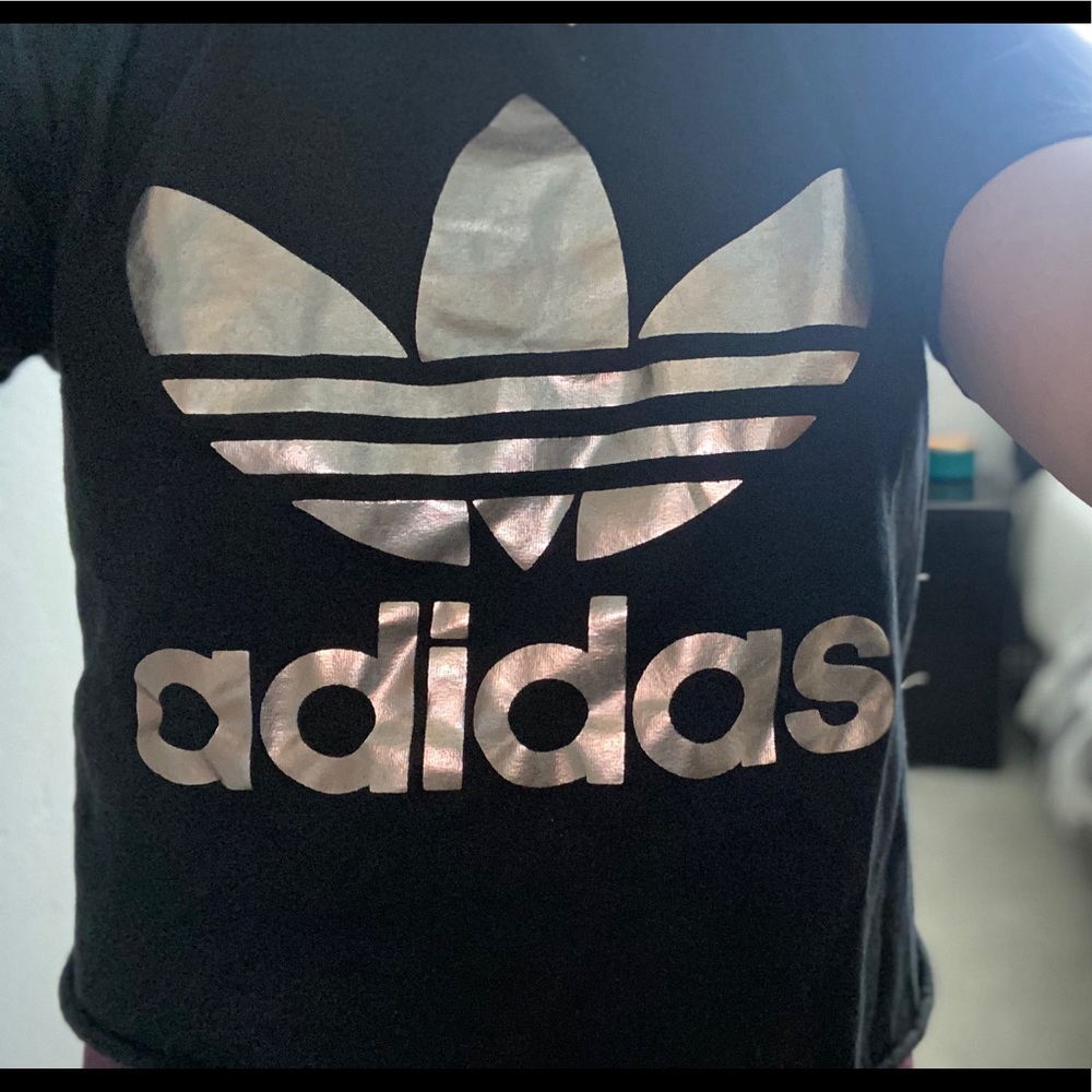 Adidas black cutoff tee with rose gold logo